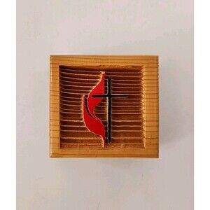 Handcrafted Christian Crafts Light Wood Methodist Cross Sculpture Flame & Cross